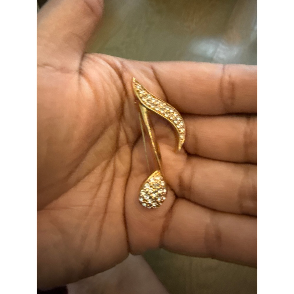 Gold Tone Musical Eighth Note Brooch Pave Rhinestone Music Pin 2756